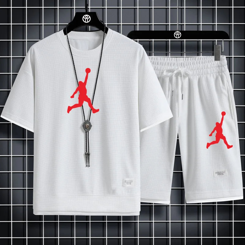 2024 Summer Breathable T-Shirt Men's Waffle Sets Casual Shorts Set Male Suit Solid Color Tracksuit Loose Joggers Suits