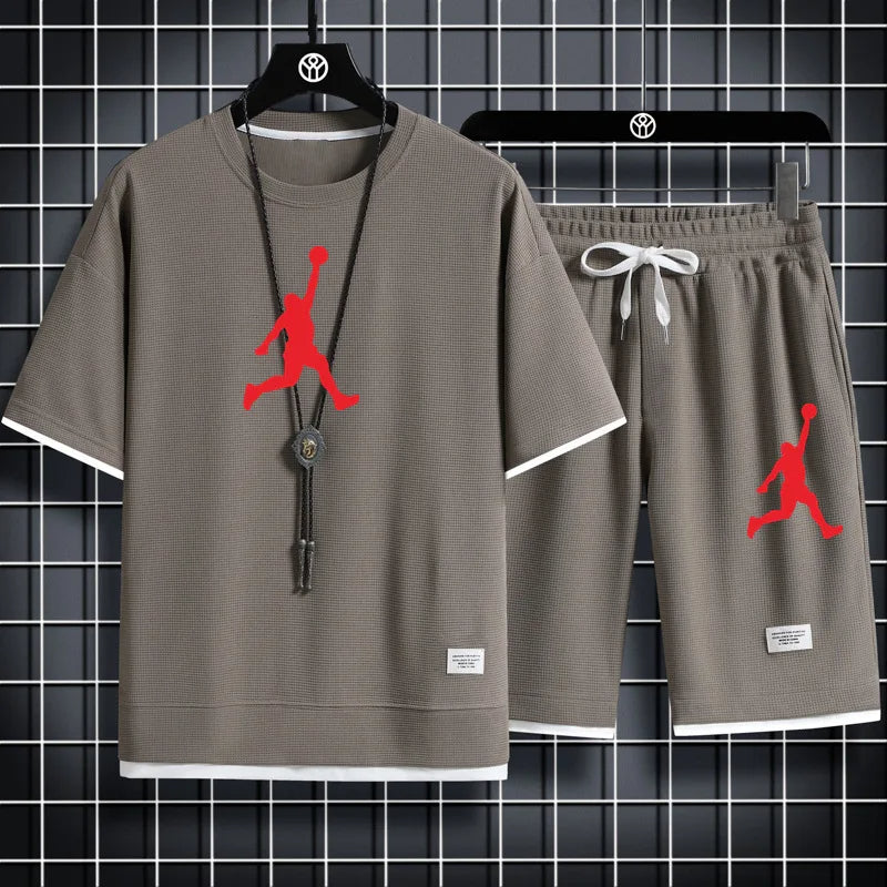 2024 Summer Breathable T-Shirt Men's Waffle Sets Casual Shorts Set Male Suit Solid Color Tracksuit Loose Joggers Suits