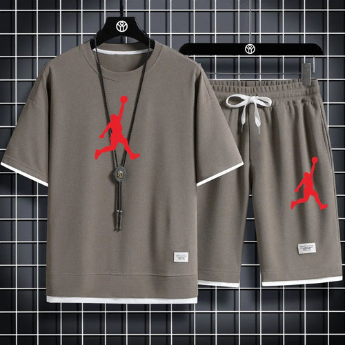 2024 Summer Breathable T-Shirt Men's Waffle Sets Casual Shorts Set Male Suit Solid Color Tracksuit Loose Joggers Suits